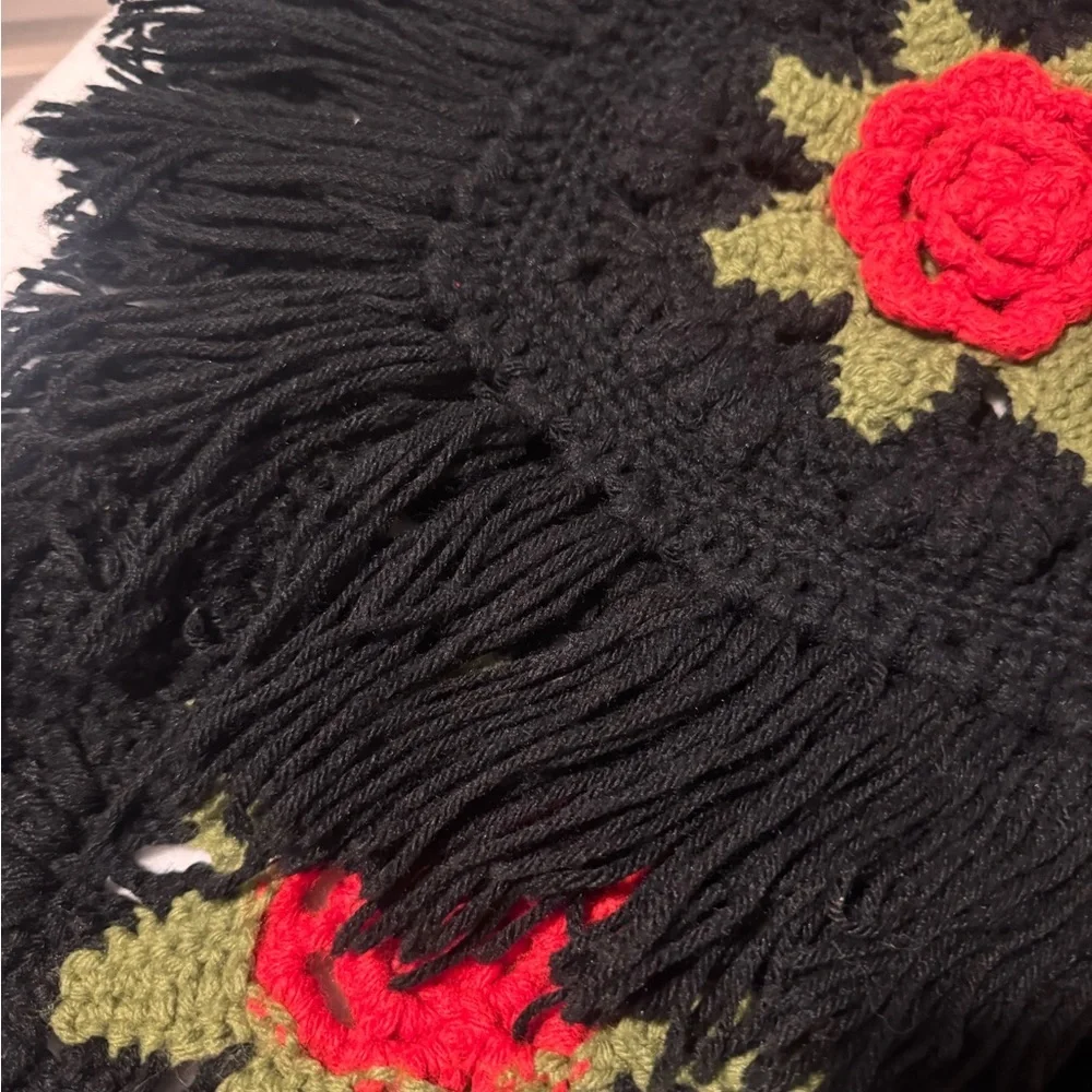 Handmade Crochet Blanket with Red Rose Design